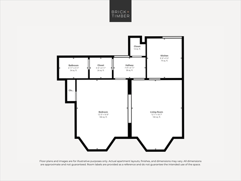 Floor plan for 1 bed, 1 bath, 597 sqft